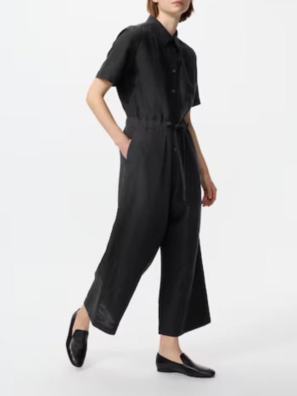 Coco Carmen Jumpsuit Wide Leg Black Boilersuit Linen Blen Button Up Ankle Romper